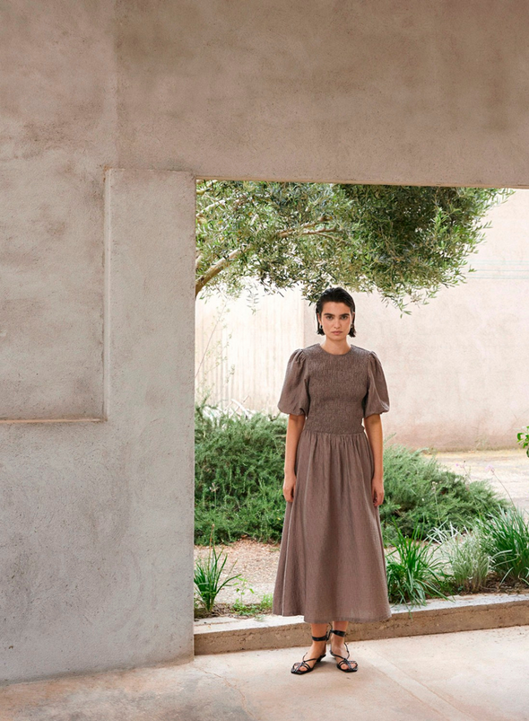 Procida Puff Sleeve Dress in Khaki from Yerse