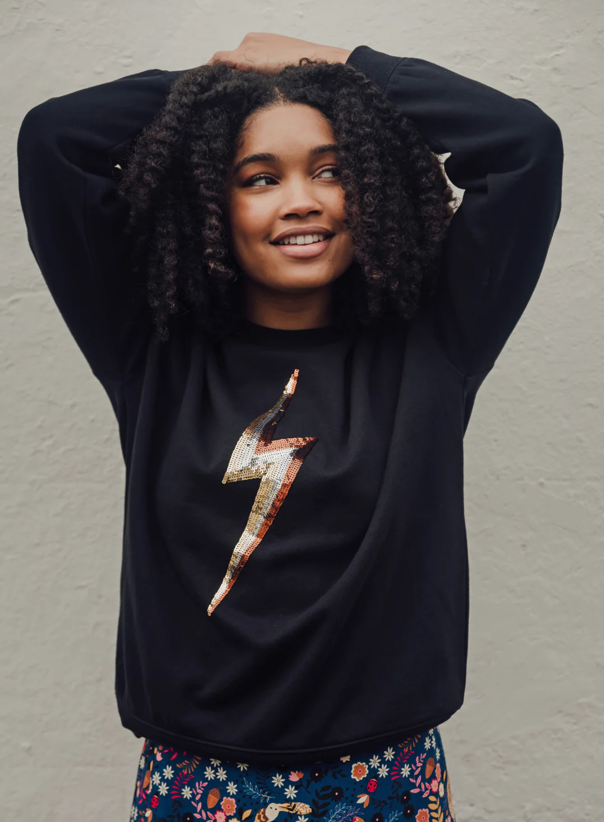 Sylvie Sweatshirt in Black Sequin Lightning from Sugarhill