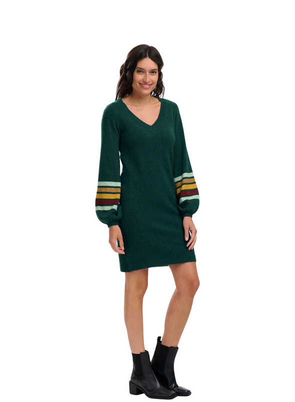 Talasi Knit Dress in Dark Green Sleeve Stripes from Sugarhill