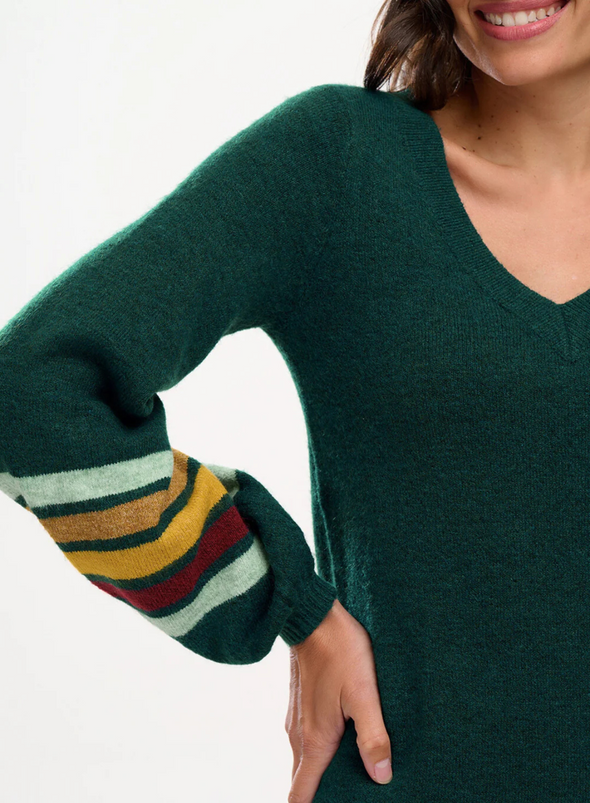 Talasi Knit Dress in Dark Green Sleeve Stripes from Sugarhill