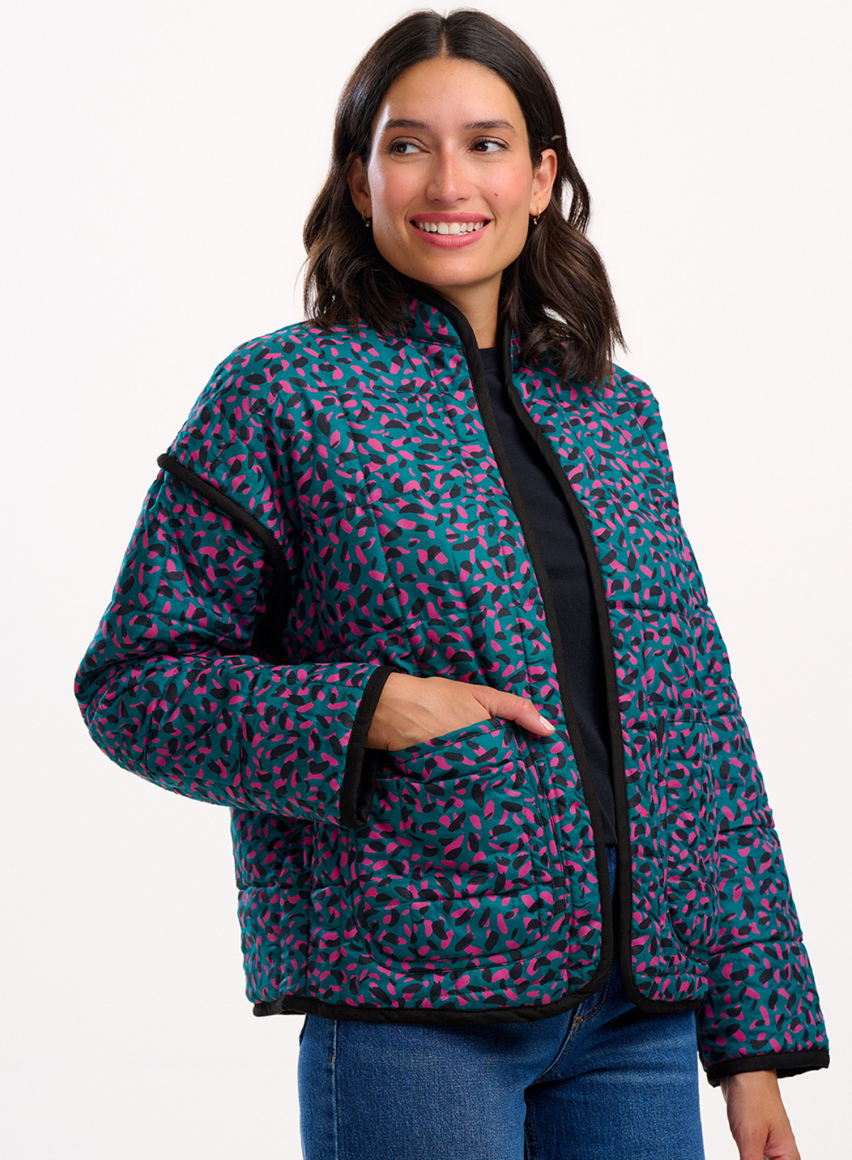 Elowen Quilted Jacket in Green, Layered Painterly Spot from Sugarhill