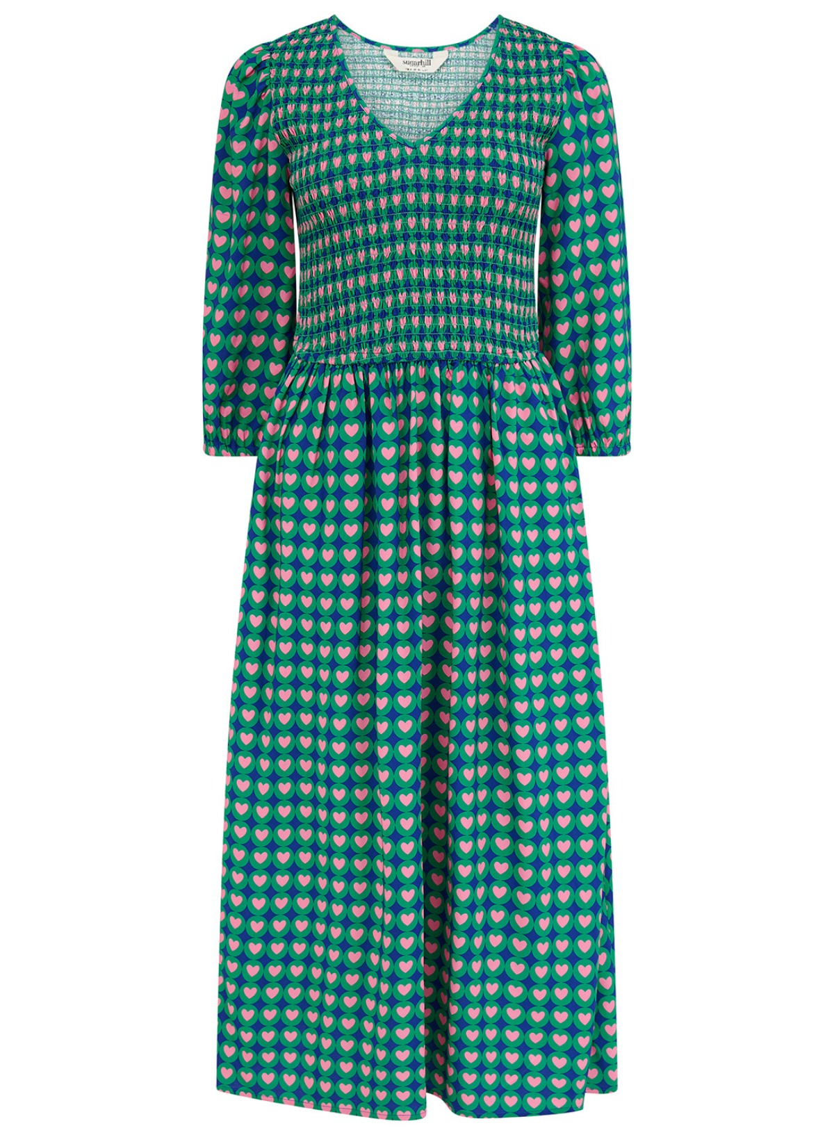 Sugarhill Della Navy Heart Shirred Midi Dress