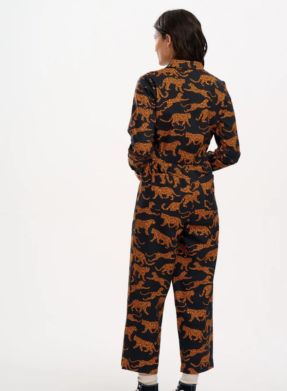 Gertie Cropped Jumpsuit in Black/Tan Large Leopards from Sugarhill