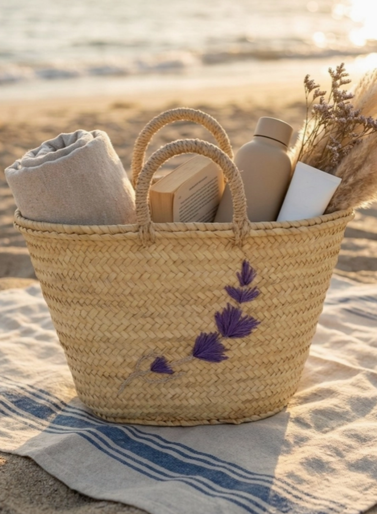Melecraft Woven Straw Market Basket Tote in Embroidered Lavender Boho