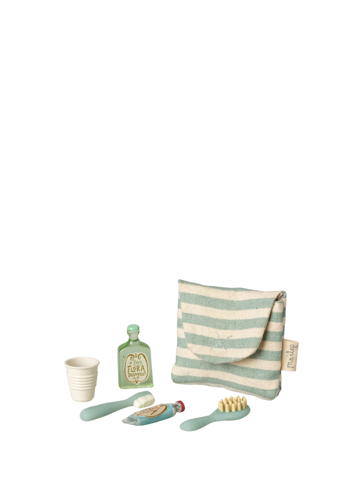 Maileg Toothbrush Set in Bag Mouse in Blue Stripe