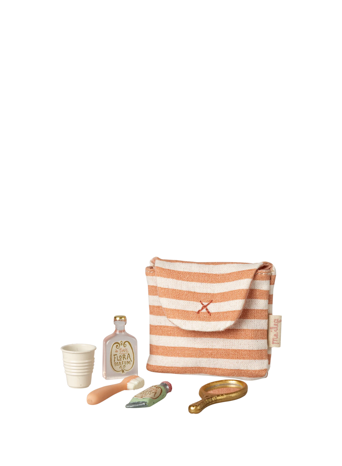 Maileg Toothbrush Set in Bag Mouse in Coral Stripe