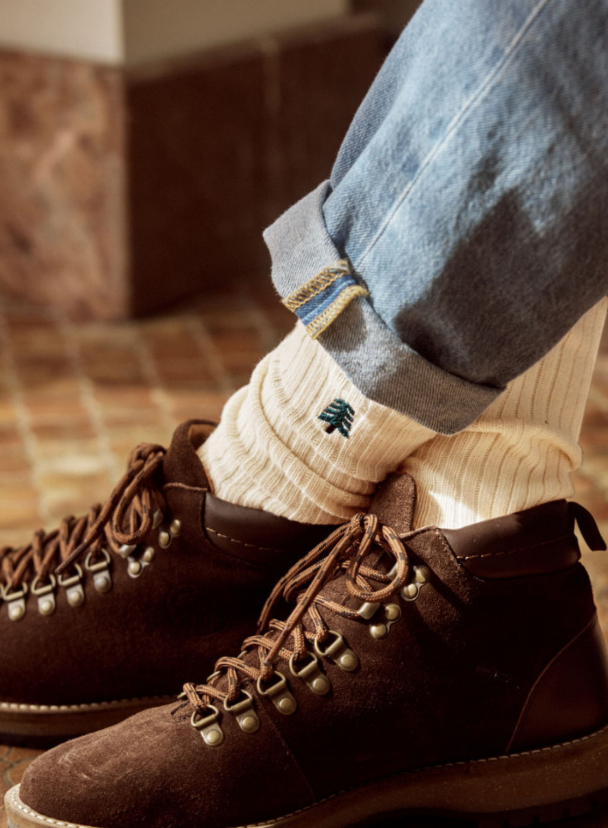 Fir Tree Embroidery Socks in Navy & Chalk from Faguo