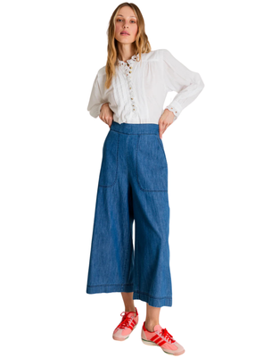 Bijou Wide Leg Cropped Denim Trousers in Mid Denim from Bonté