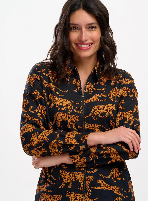 Gertie Cropped Jumpsuit in Black/Tan Large Leopards from Sugarhill
