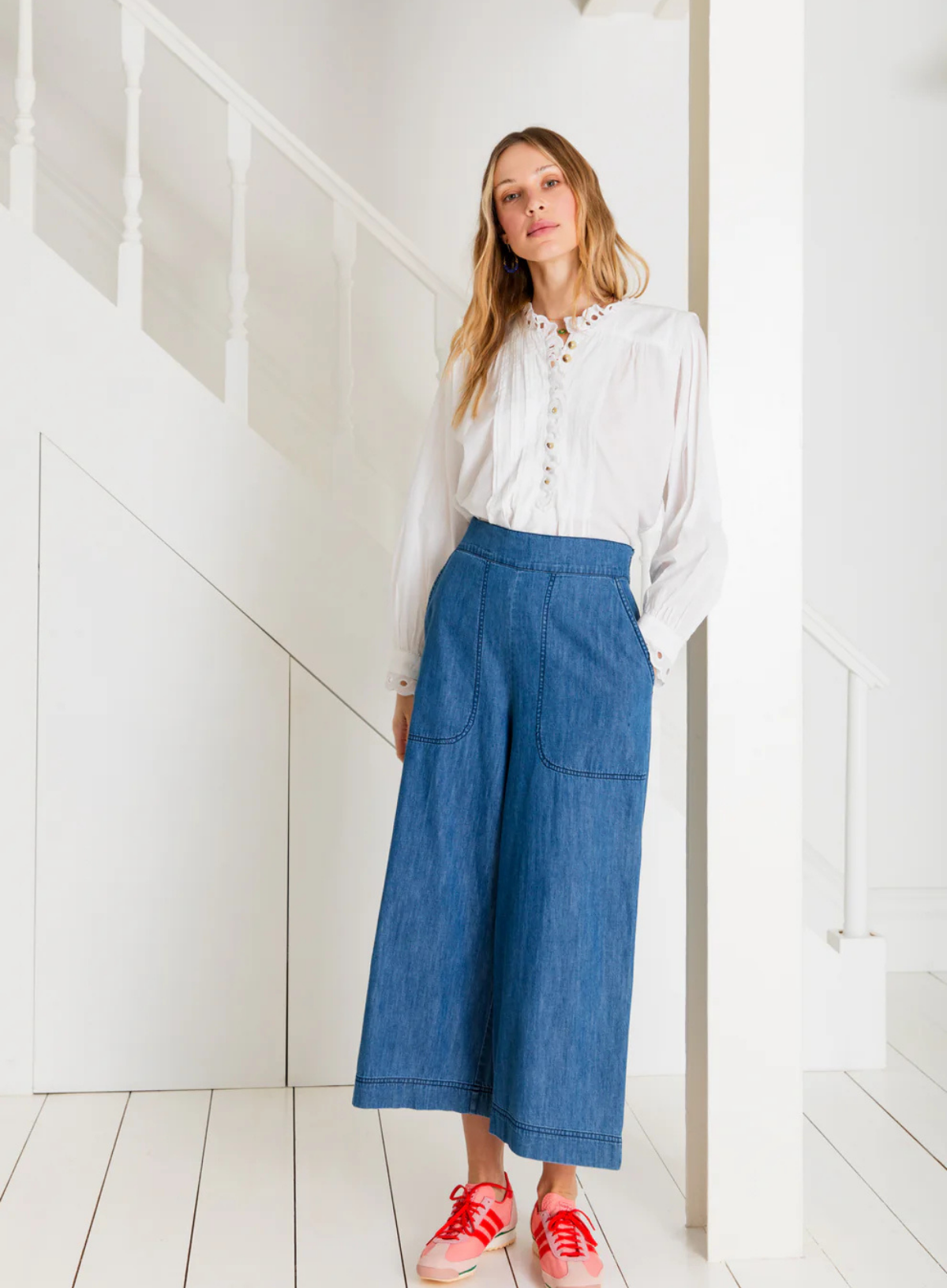 Bijou Wide Leg Cropped Denim Trousers in Mid Denim from Bonté