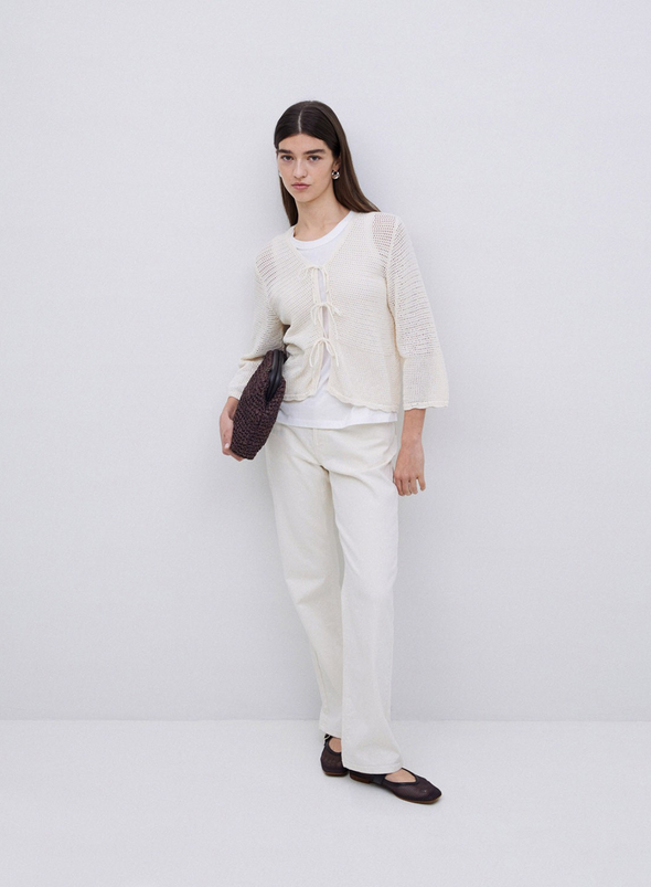 Net Knit Tie Front Top in Natural from Yerse