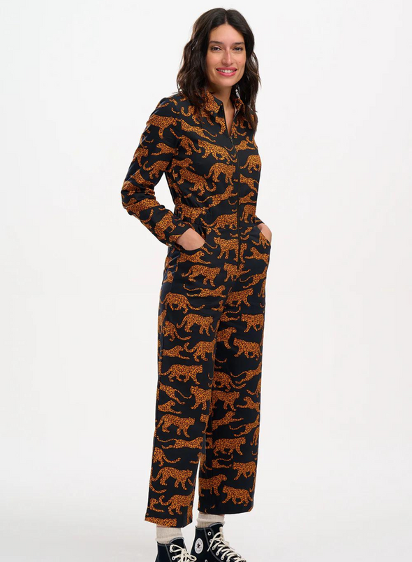 Gertie Cropped Jumpsuit in Black/Tan Large Leopards from Sugarhill