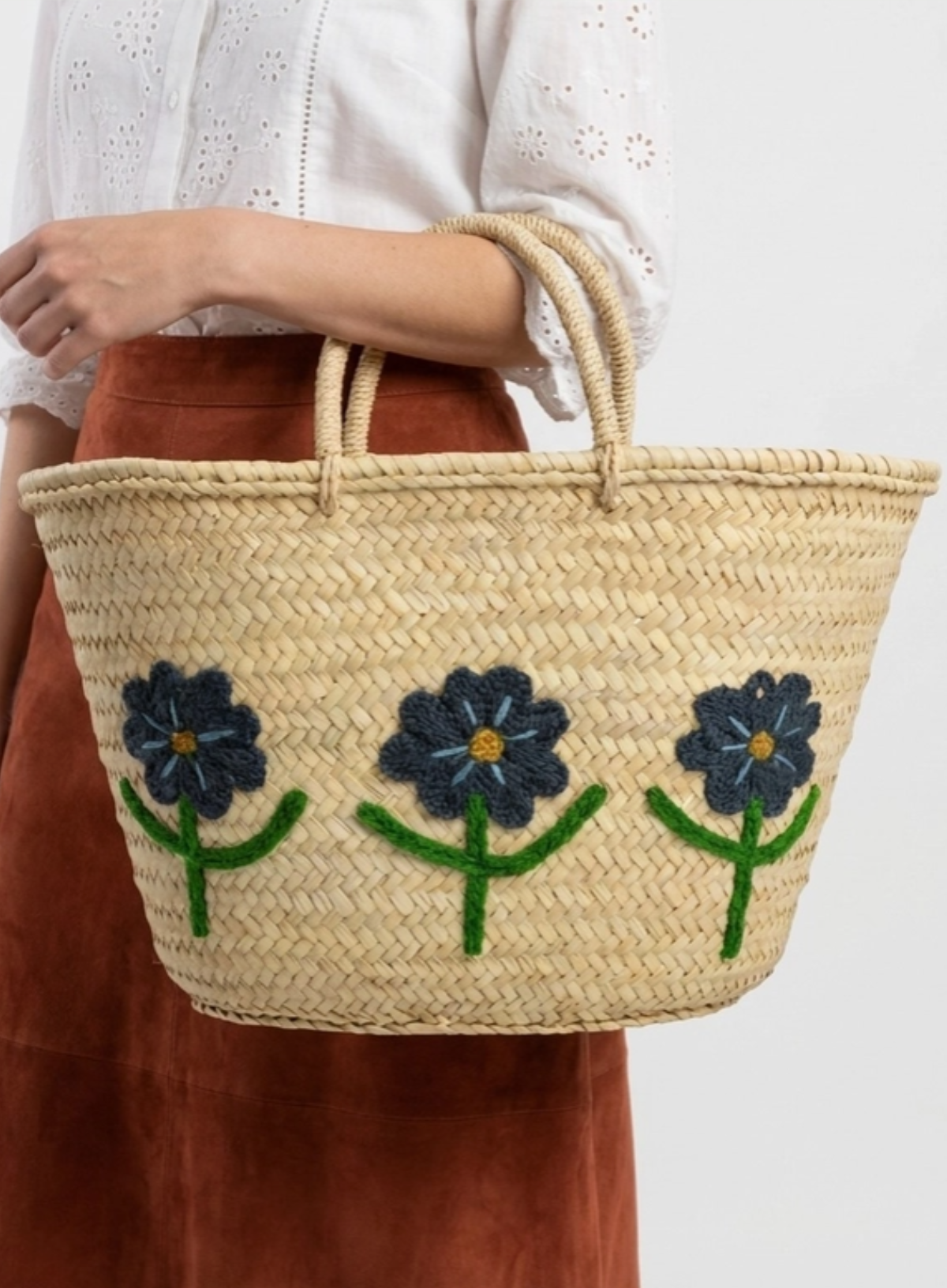 Melecraft Woven Straw Tote Bag in Embroidered Blue Floral