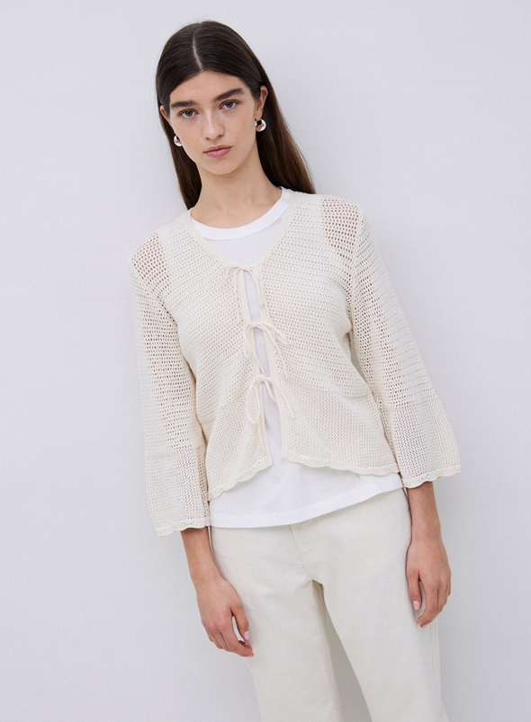 Net Knit Tie Front Top in Natural from Yerse