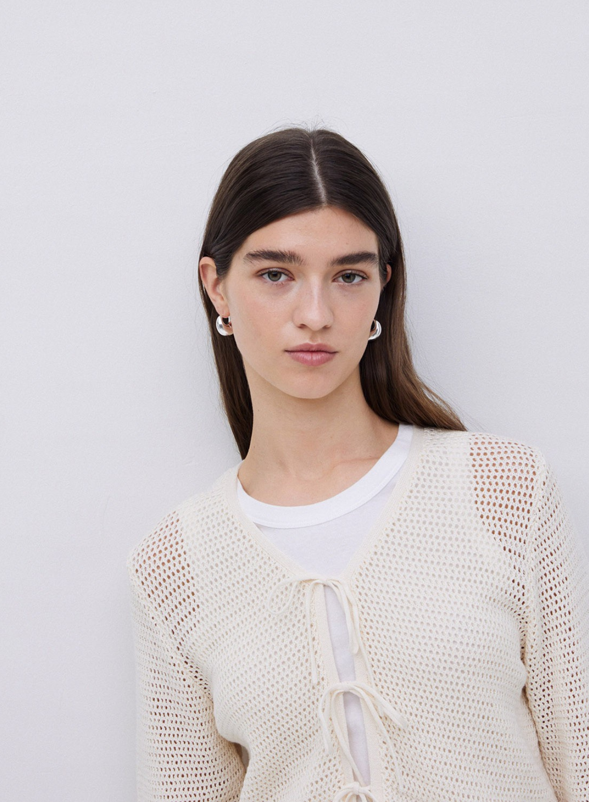 Net Knit Tie Front Top in Natural from Yerse