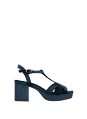 Esska Charlie Blue Velvet T Bar Heels against a white background. Side shot of single shoe showcasing the embossed velvet lizard pattern of these heeled sandals.