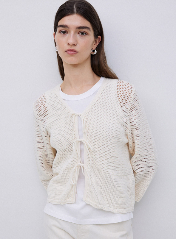 Net Knit Tie Front Top in Natural from Yerse