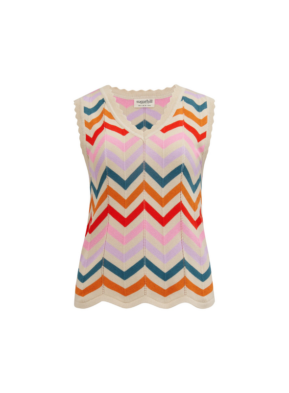 Rosy V-Neck Knit Vest in Cream, Rainbow Chevron Stripes from Sugarhill