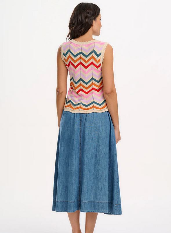 Rosy V-Neck Knit Vest in Cream, Rainbow Chevron Stripes from Sugarhill