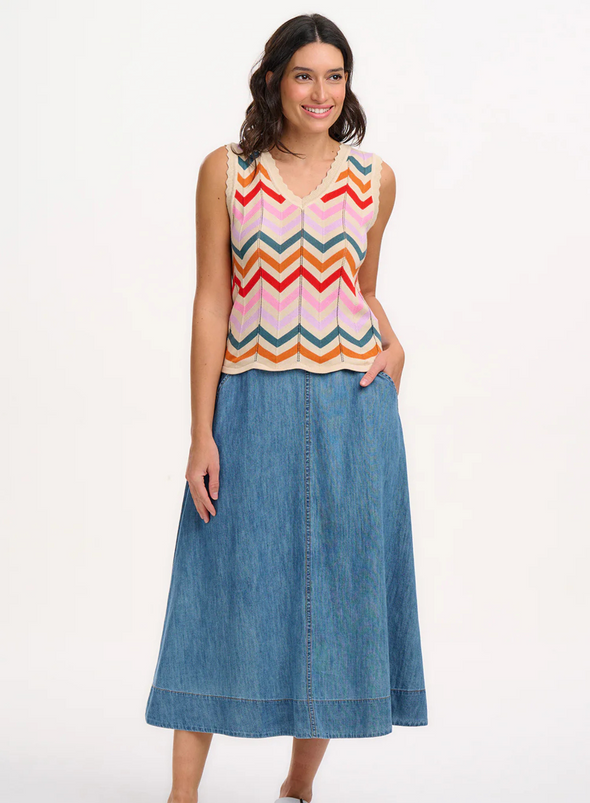 Rosy V-Neck Knit Vest in Cream, Rainbow Chevron Stripes from Sugarhill