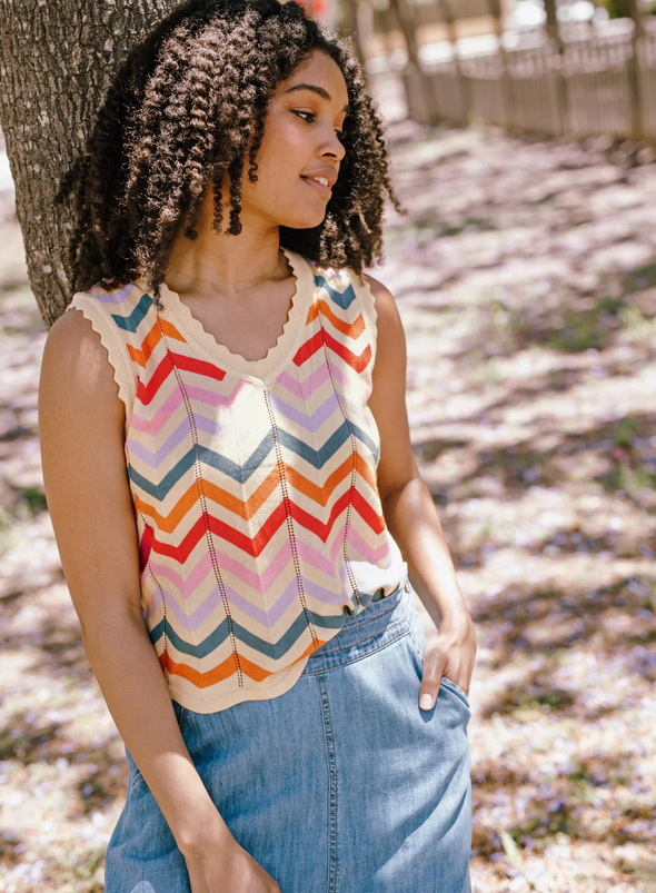 Rosy V-Neck Knit Vest in Cream, Rainbow Chevron Stripes from Sugarhill