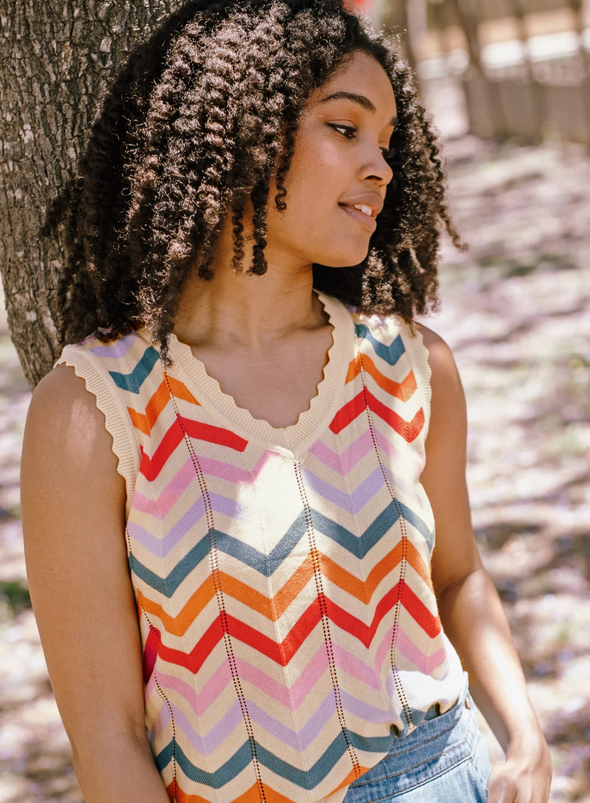 Rosy V-Neck Knit Vest in Cream, Rainbow Chevron Stripes from Sugarhill