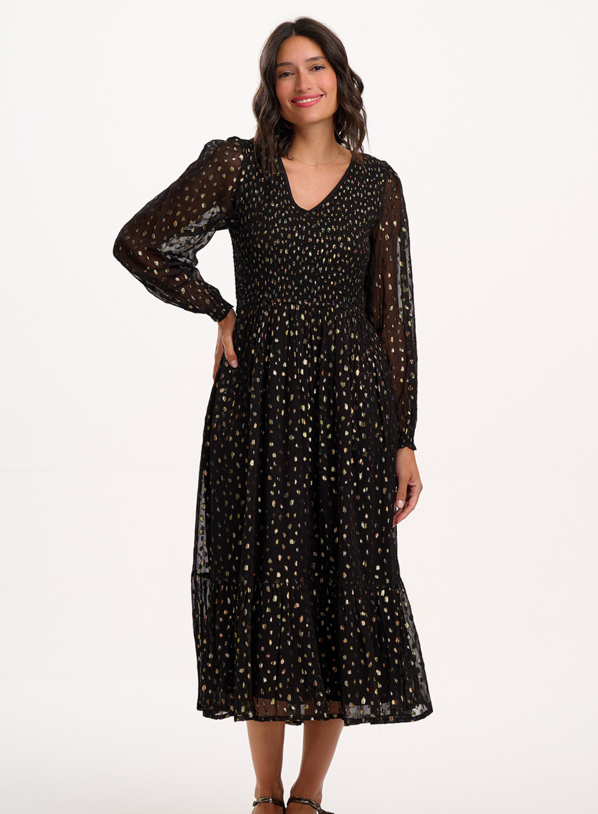 Sugarhill Brighton Jacqueline Shirred Black Midi Dress with Metallic Spots