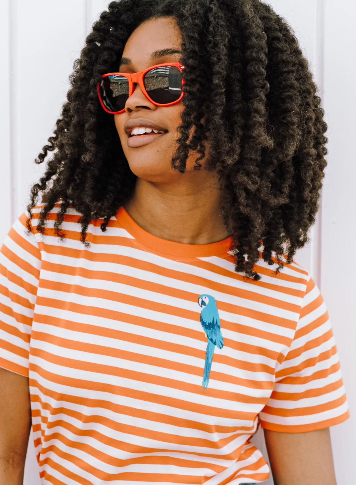 Sugarhill Brighton Maggie T-Shirt in Off-White/Orange Stripy Parrot