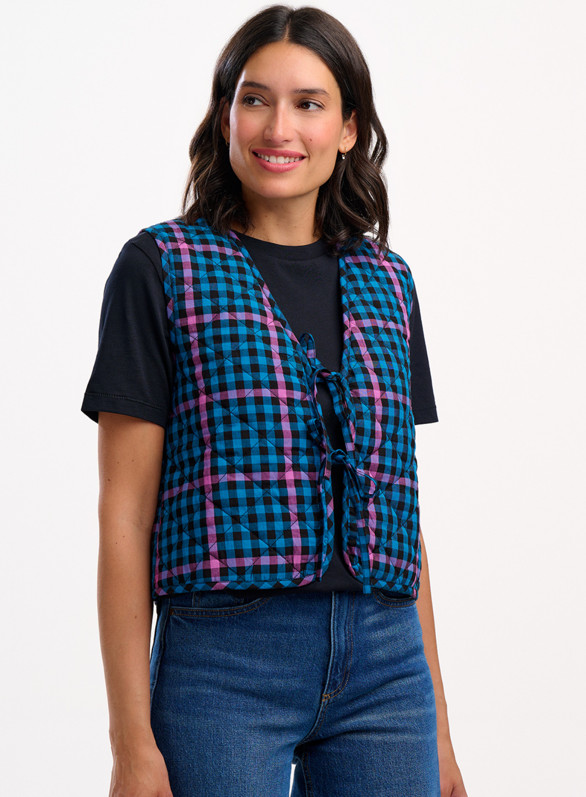 Vander Quilted Waistcoat in Black/Teal Twilight Gingham from Sugarhill