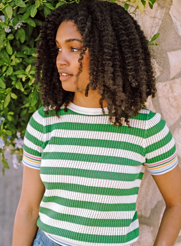 Arden Knit Top in Green/Off-White, Rainbow Tipping from Sugarhill
