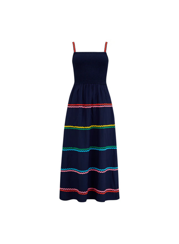 Penrose Shirred Sundress in Navy, Rainbow Ric Rac from Sugarhill