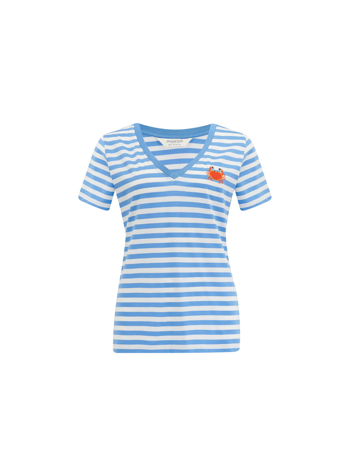 Khloe V-Neck T-Shirt in Off-White/Blue Stripy Crab from Sugarhill