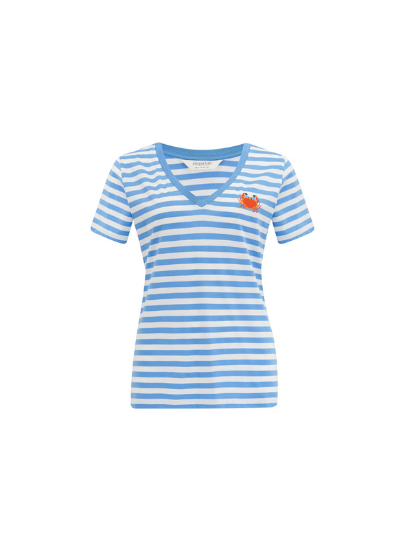 Khloe V-Neck T-Shirt in Off-White/Blue Stripy Crab from Sugarhill