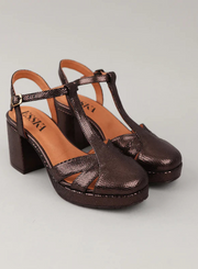 Pair of Esska Celeste Dark Brown Metallic Platform Block Heels against a grey background. Front side shot showcasing the metallic sheen and the straps of these block heel shoes.