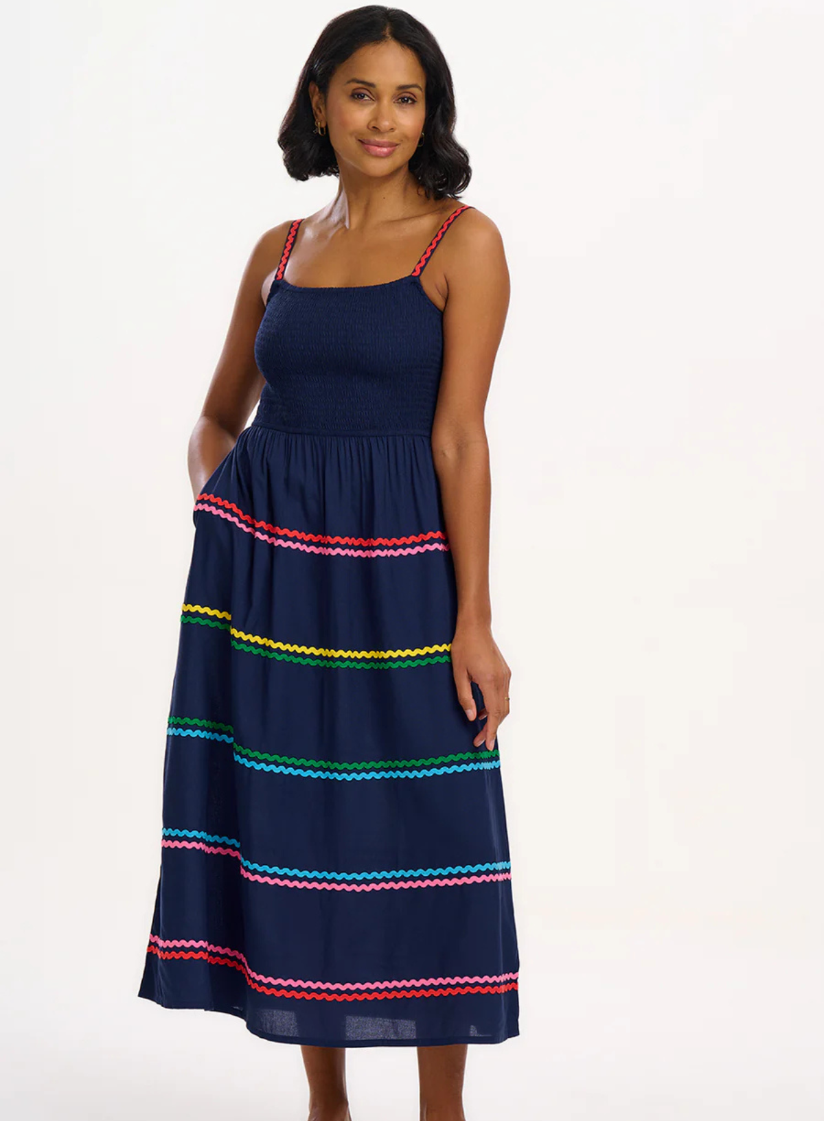 Penrose Shirred Sundress in Navy, Rainbow Ric Rac from Sugarhill