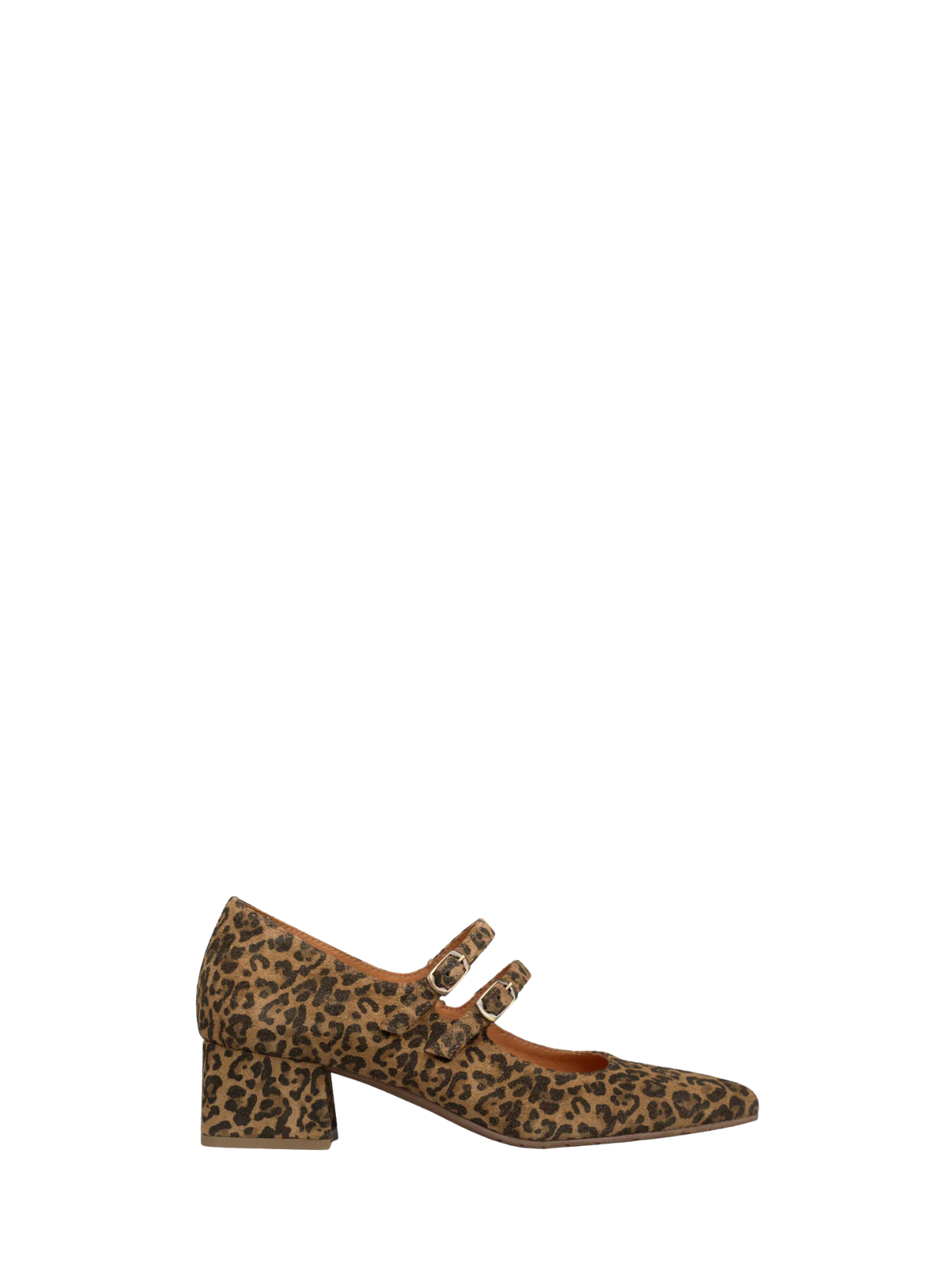 Esska Laura Low Leopard Heels against a white background. Side shot of single Mary Janes showcasing leopard print.