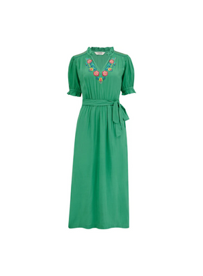 Carlota Midi Dress in Green, Folk Floral Embroidery from Sugarhill