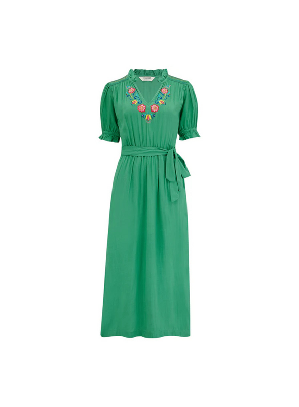 Carlota Midi Dress in Green, Folk Floral Embroidery from Sugarhill