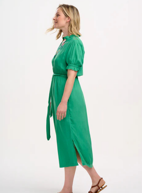 Carlota Midi Dress in Green, Folk Floral Embroidery from Sugarhill