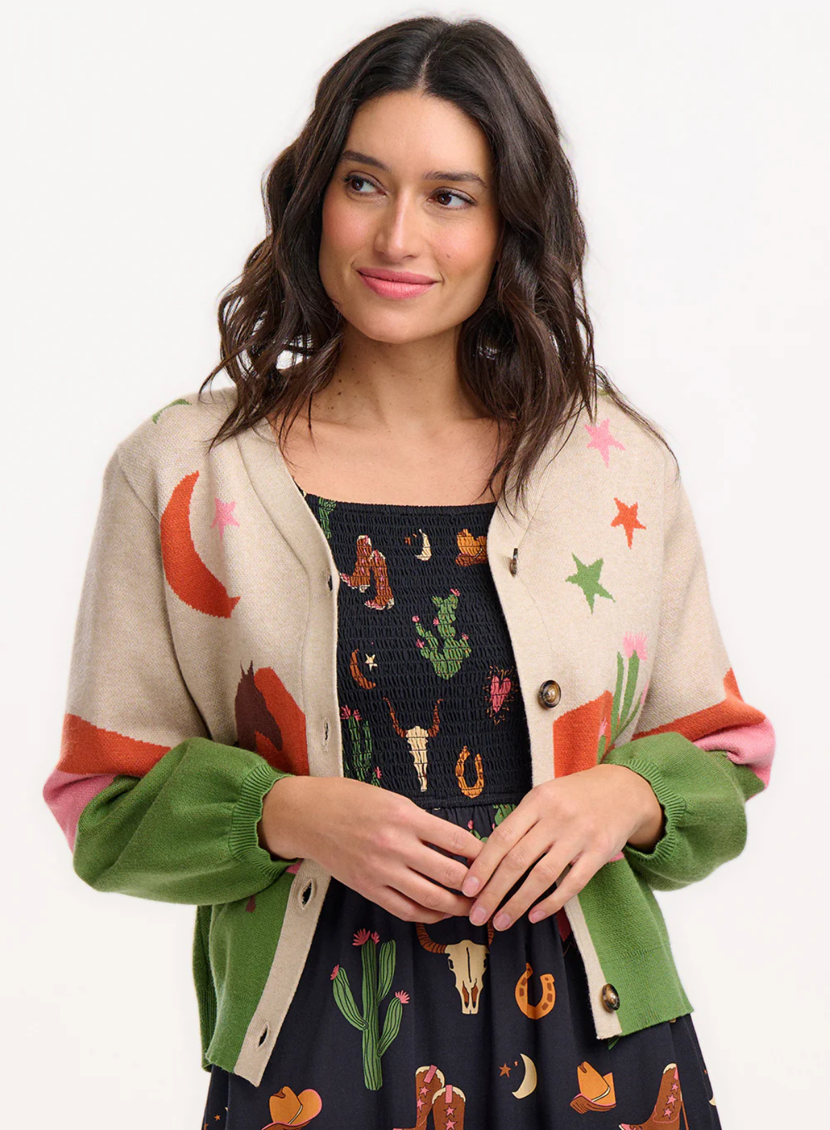 Adrian Cardigan in Oatmeal, Desert Cowgirl from Sugarhill