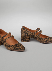 Pair of Esska Laura Low Leopard Heels against a grey background. Front and side shot showcasing the toe shape and block heel.