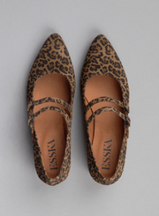 Pair of Esska Laura Low Leopard Heels against a grey background. Overhead shot showcasing the pointed toe shape of these suede leopard Mary Janes.
