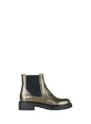 Esska Bora Graphito Leather Chelsea Boots on a white background. Side shot of single boot showcasing the metallic appearance, elastic side panel and block heel.