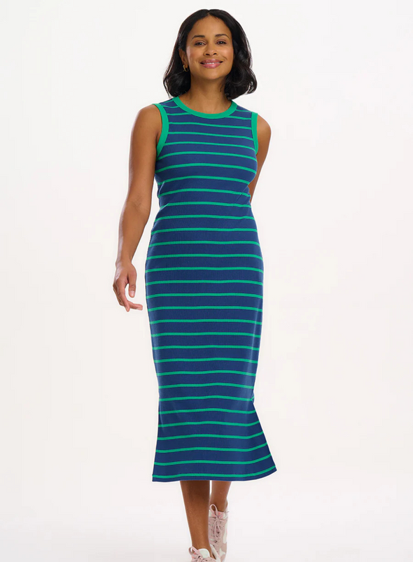 Brittany Jersey Midi Dress in Blue/Green Stripes from Sugarhill