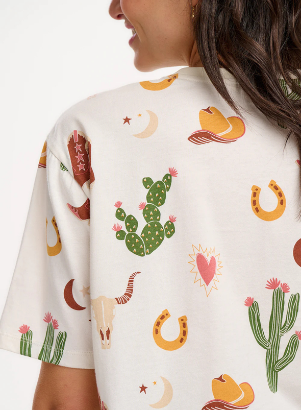 Kinsley Relaxed T-Shirt in Cream, Desert Cowgirl from Sugarhill