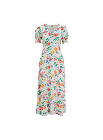 Maryjane Midi Dress in Off-White, Tropical Hummingbird from Sugarhill