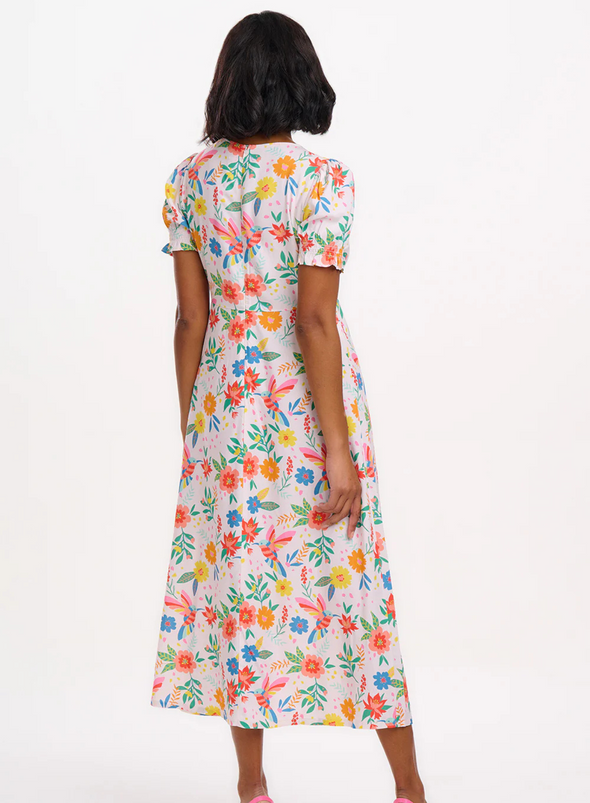 Maryjane Midi Dress in Off-White, Tropical Hummingbird from Sugarhill