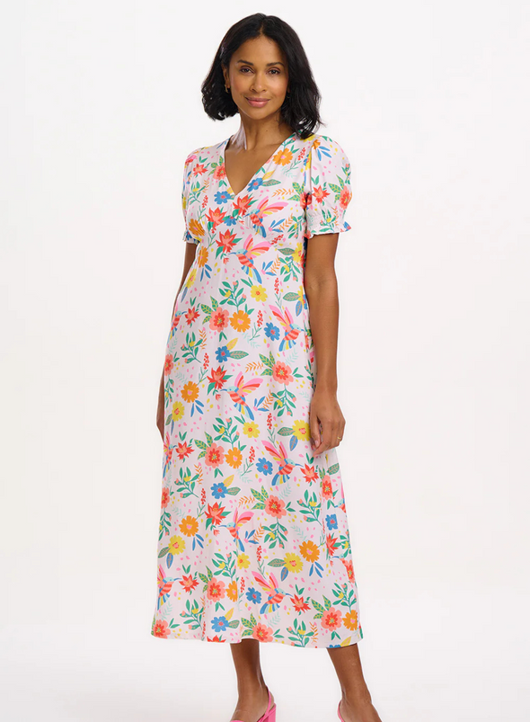 Maryjane Midi Dress in Off-White, Tropical Hummingbird from Sugarhill