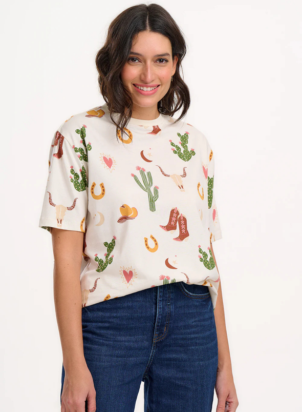 Kinsley Relaxed T-Shirt in Cream, Desert Cowgirl from Sugarhill