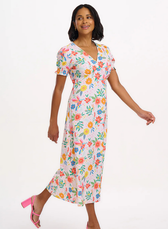 Maryjane Midi Dress in Off-White, Tropical Hummingbird from Sugarhill